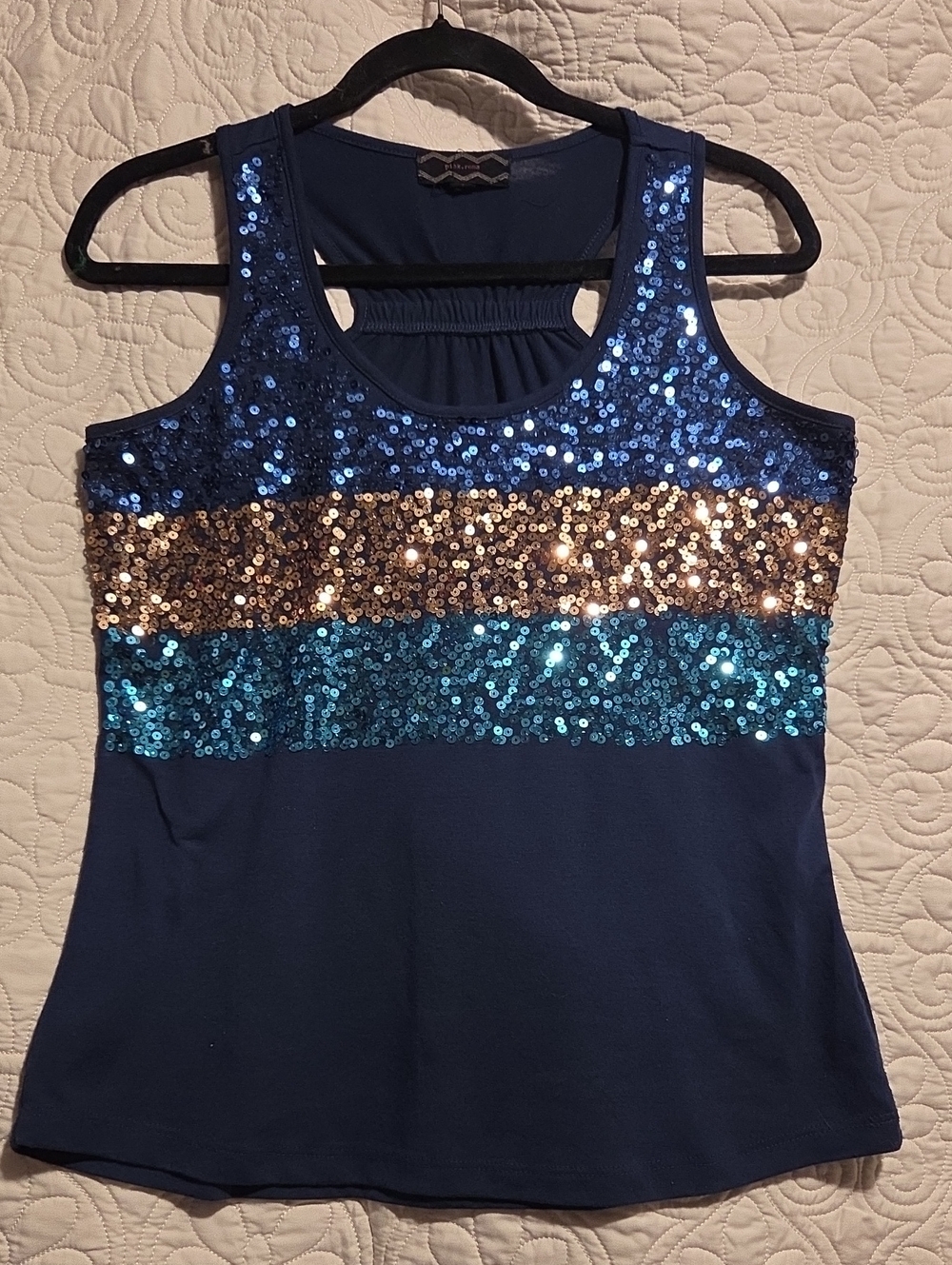 Pink Rose Navy Tank with Blue and Gold Sequin Stripes